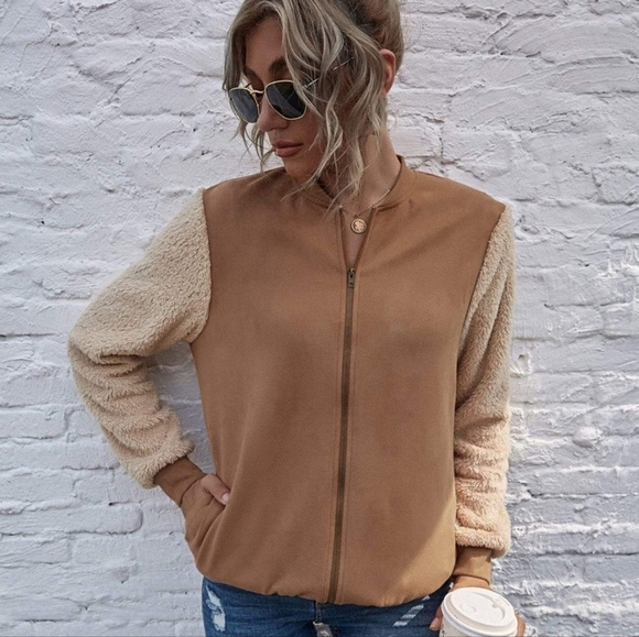 New Two Tone Teddy Sleeve Lightweight Jacket - Size (10-12) - Picture 1 of 4